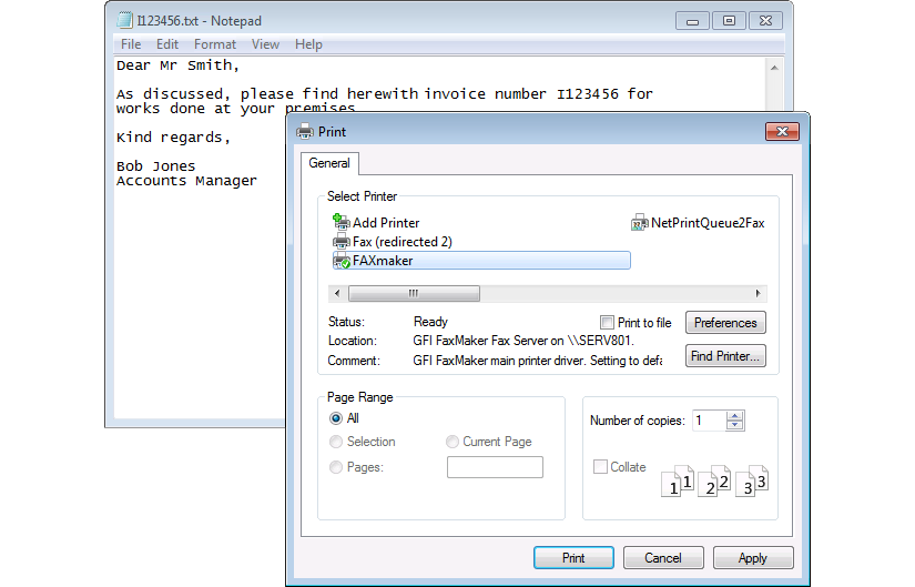 Printing a fax message to the GFI FaxMaker printer driver